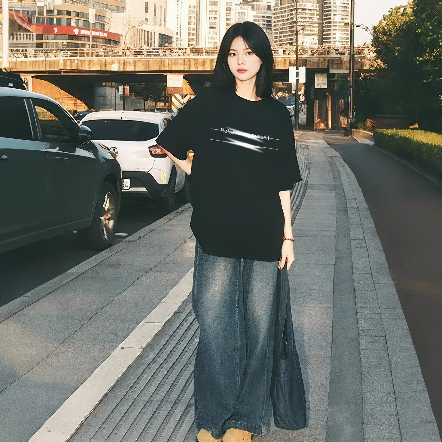 黑色短袖T恤女2025新款爆款夏季半袖美式宽松纯棉T恤设计感上衣