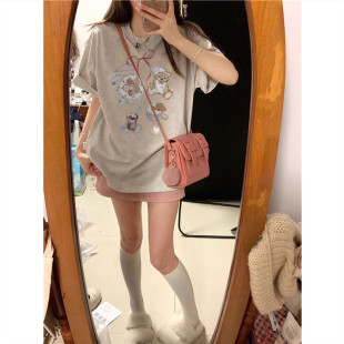 重磅纯棉美式覆古卡通正肩短袖t恤女2025新款设计感小众宽松上衣