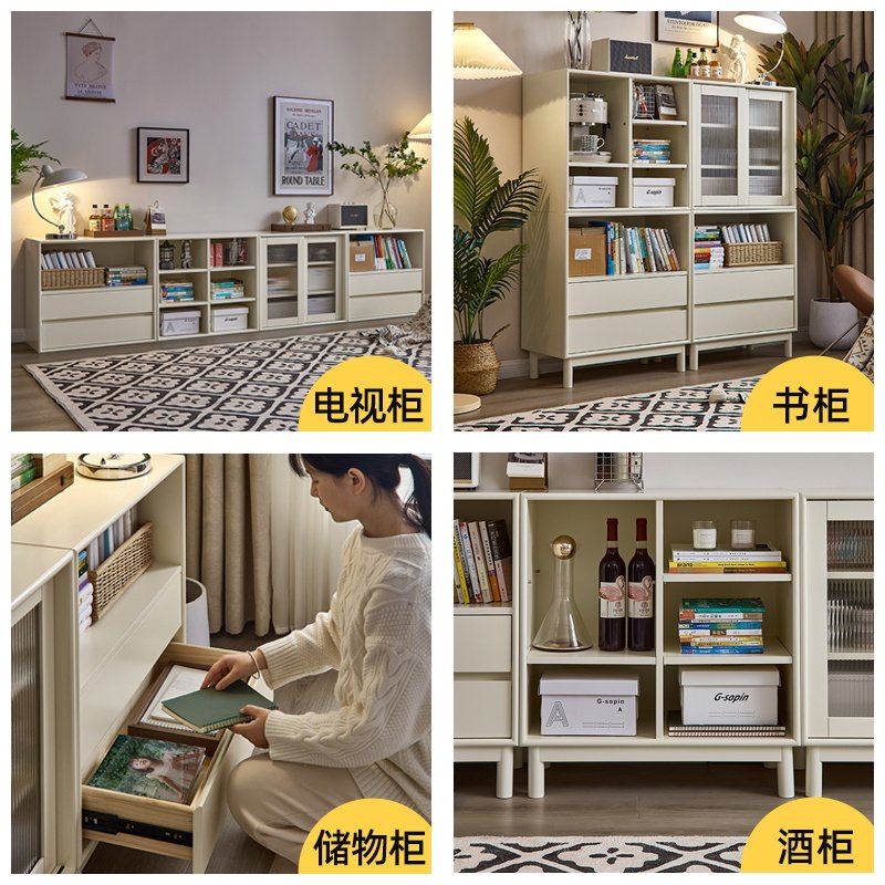 萨洛美式白色实木书柜模块化组合书架云朵奶油风玻璃门置物展示柜