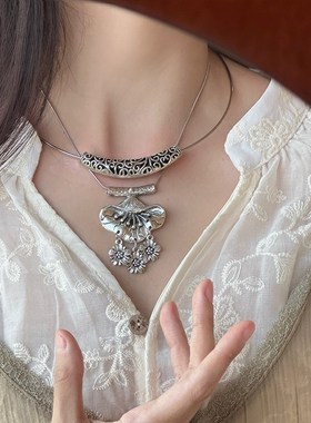仿苗银项链叠戴锁骨细项圈女款个性复古民族风弯管吊坠女生饰品