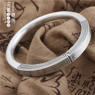 999银情侣手工回纹银手镯时尚简约爱轮回古法银手环定制免费刻字