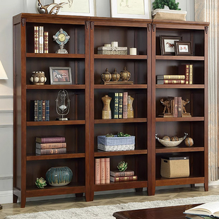 美式书橱实木书柜欧式一体整墙落地书架家用客厅储物收纳柜置物柜