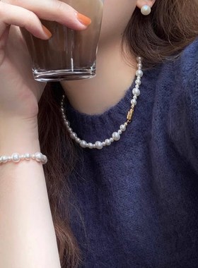 母贝珍珠项链强光女百搭小众设计锁骨链新中式串珠颈链毛衣链饰品