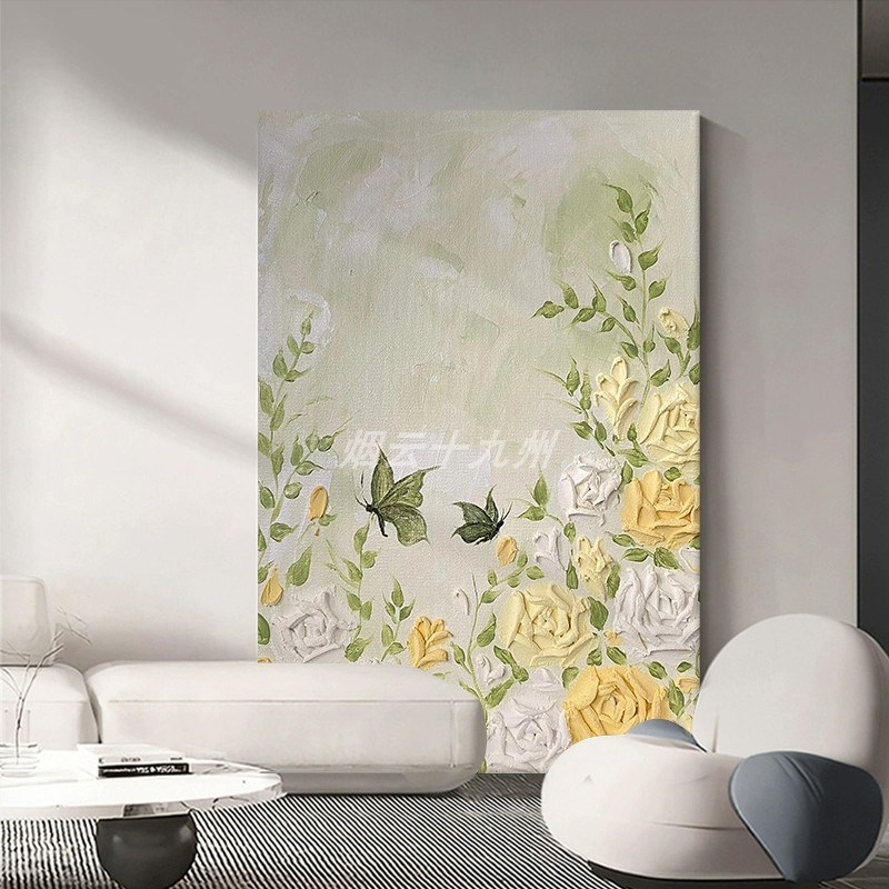 抽象立体花卉客厅装饰壁画玫瑰花手绘石英砂油画绿色蝴蝶玄关挂画图片