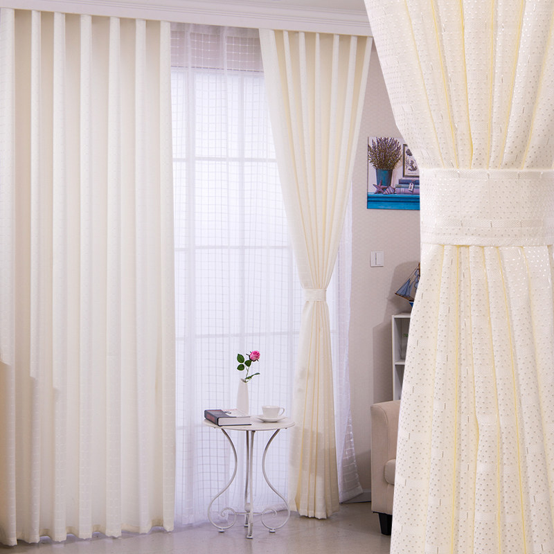 暖素色简约现米白色遮光窗帘布料纱料定制成品隔断帘透光不透人