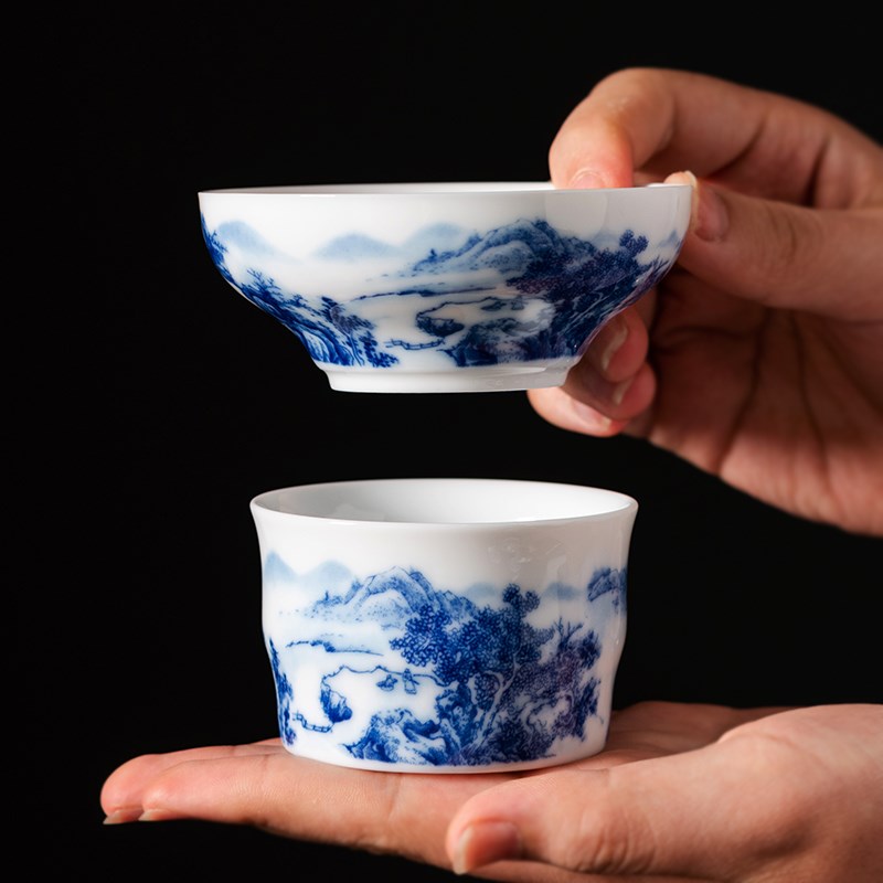青花瓷茶滤过滤网白瓷家用茶隔漏斗陶瓷功夫茶具配件茶漏公杯一体