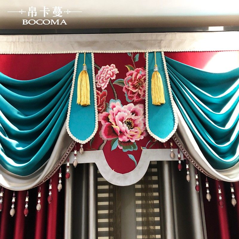 欧式中式别墅复古别墅客厅婚房仿真丝大红色绣花窗帘窗纱定制成品