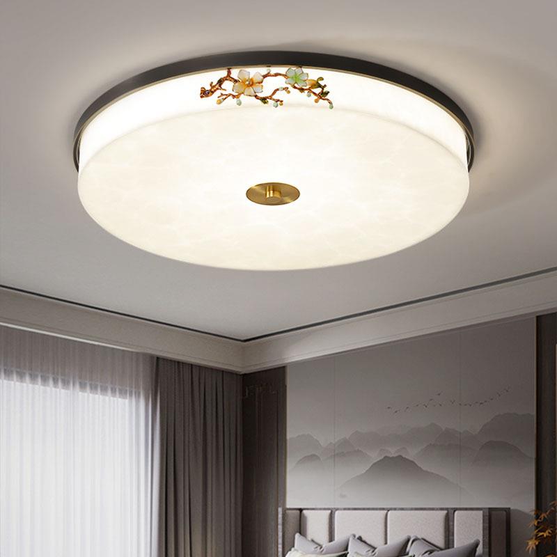 护眼全铜仿云石吸顶灯新中式高档主卧灯圆形卧室书房房间阳台灯具