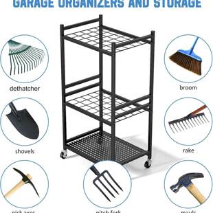 花园工具收纳架带轮子庭院工具塔架用于车库整理和储存带3个挂钩