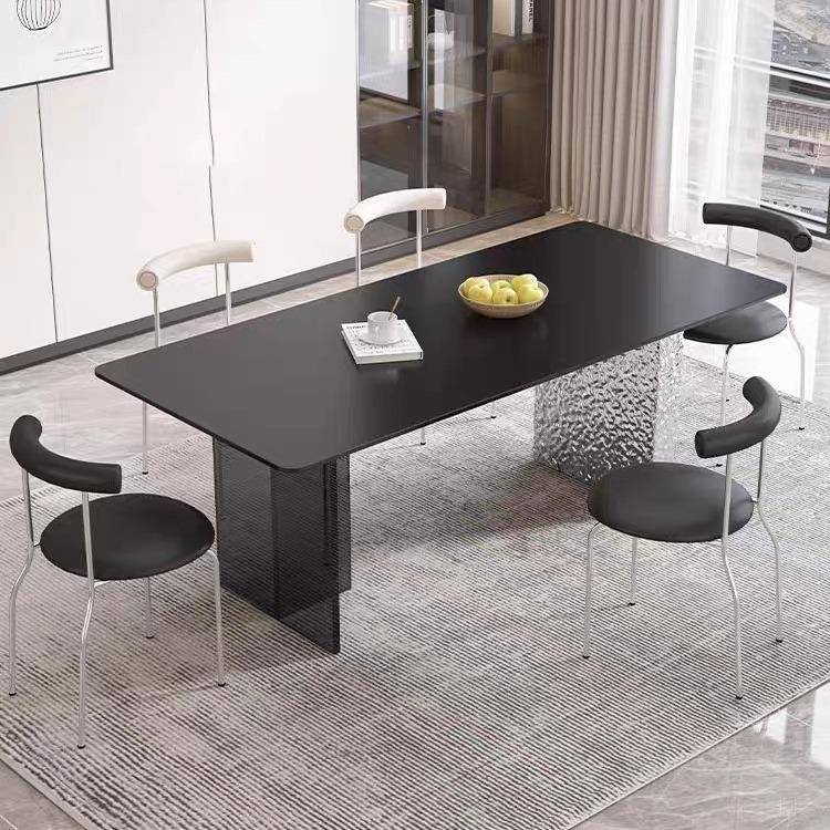 意式悬浮岩板餐桌椅组合极简不锈钢水波纹长方形高端亚克力设计师
