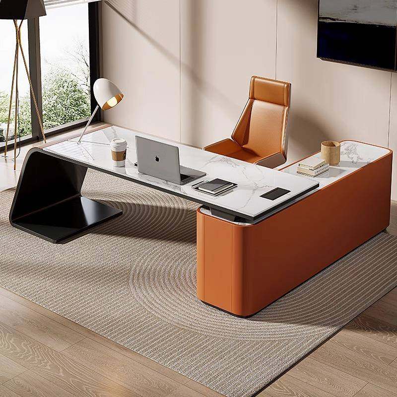 意式极简岩板书桌书房现代简约家用L型电脑桌书柜一体轻奢办公桌