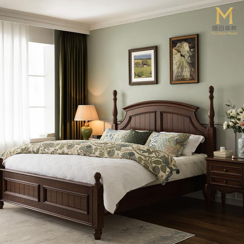 卧室美式复古床主卧乡村家具白蜡木实木床双人床美式床大床法式