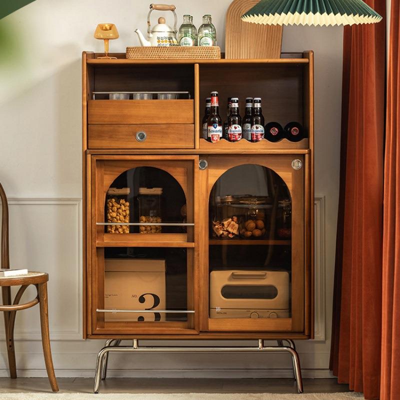 复古餐边柜茶色玻璃实木茶水柜中古客厅靠墙不锈钢边柜收纳储物柜