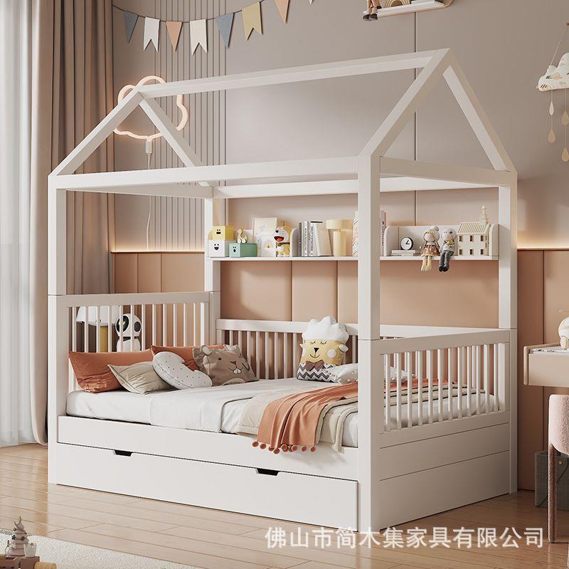 儿童床公主床白色实木带护栏抽拉床多功能可加宽
