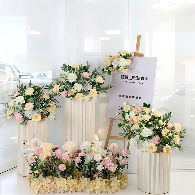 交车仪式橱窗婚礼布置花柱仿真花摆件假花4s店迎宾PVC牌纸柱装饰