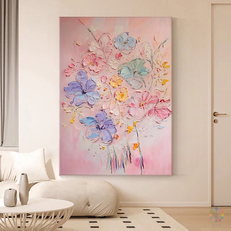 抽象粉色客厅装饰画花卉奶油风纯手绘油画大芬村玄关丙烯肌理挂画图片