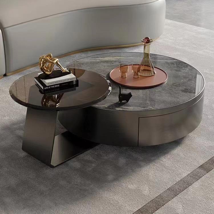 意式轻奢不锈钢带实木抽屉客厅岩板现代网红极简玻璃组合圆形茶几