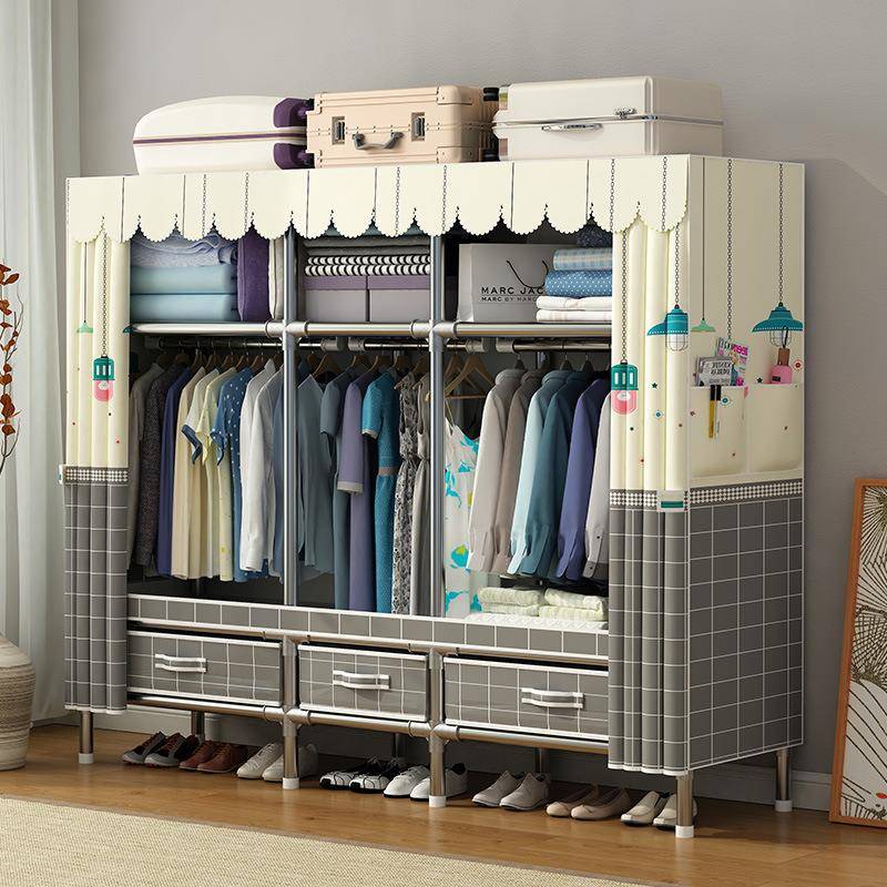 简易衣柜家用卧室布衣柜出租房用结实耐用组装全钢架加厚加粗衣橱