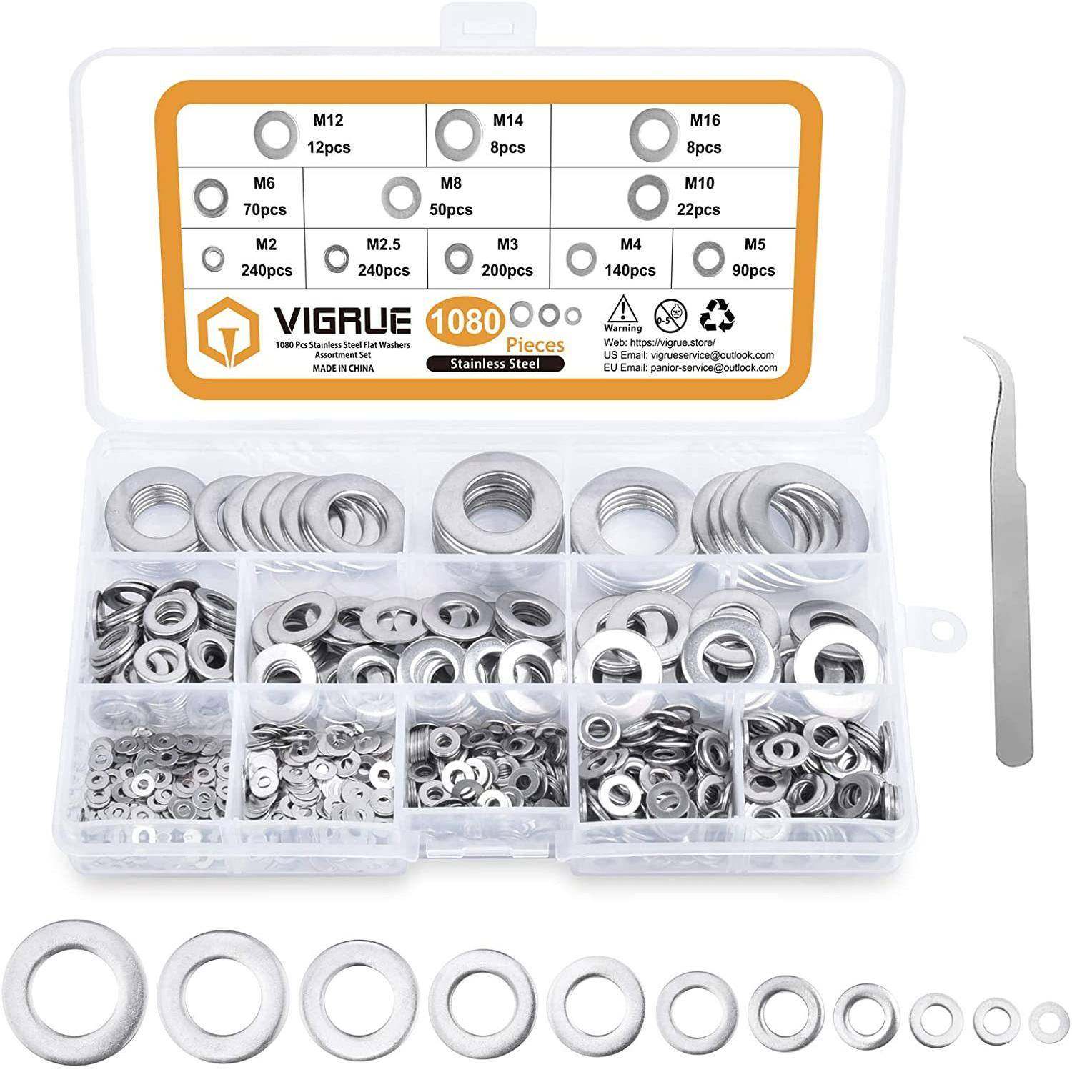 1080PCS套装平垫圈侧垫圈11种尺寸304不锈钢垫圈和垫圈配箱M2-M16