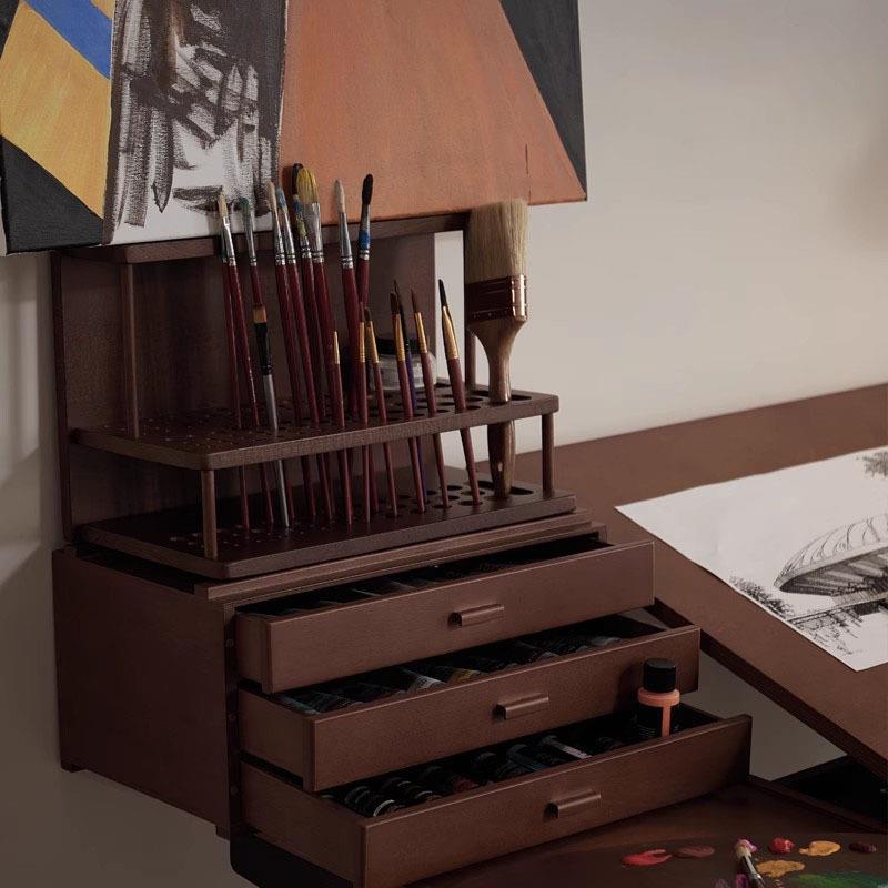 意式古风桌面大号实木收纳画笔毛笔架子美术生专用工作室美术用品