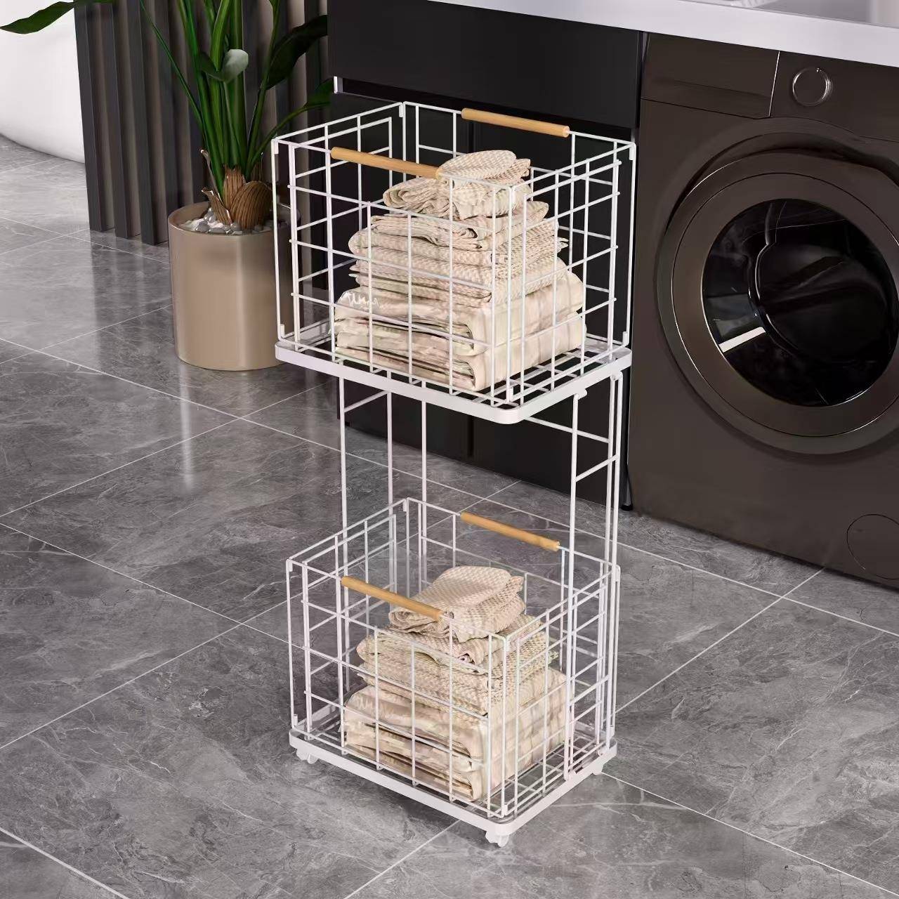 北欧风家居双层脏衣篮家用置物架浴室可移动放脏衣服收纳筐蓝脏衣