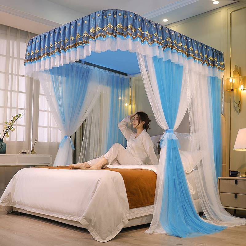 双层纱三开门落地U型导轨式拉幕花边蚊帐加粗不锈钢支架合金弯头