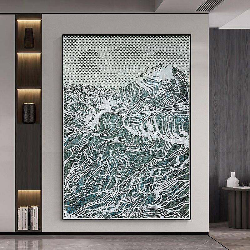 入户走廊尽头沙岩浮雕肌理壁画过道抽象样板房现代简约玄关装饰画