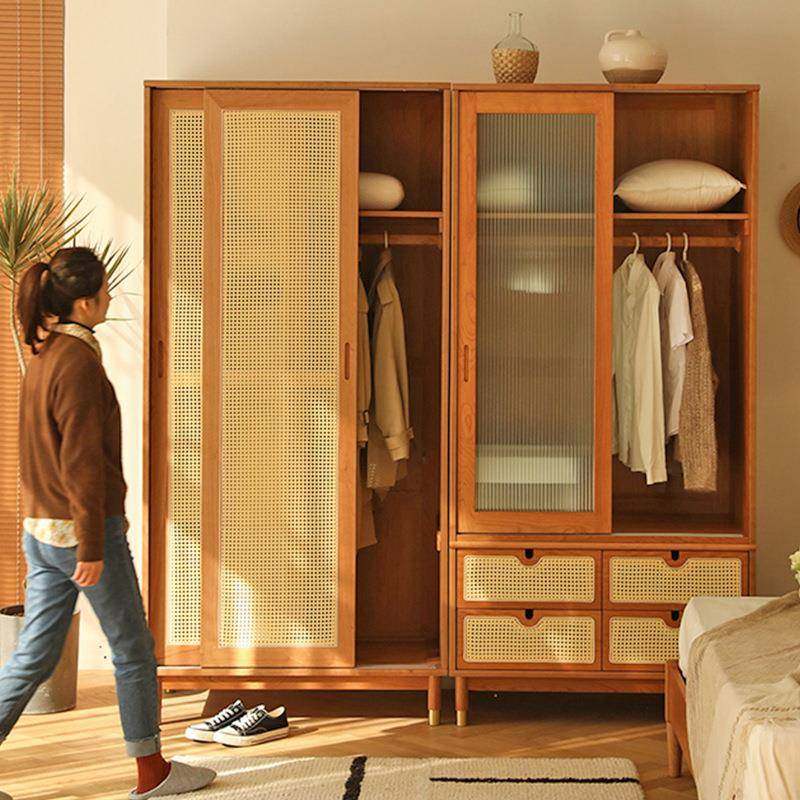 日式实木藤编衣柜小户型家用玻璃推拉门储物柜子简约复古衣橱组合