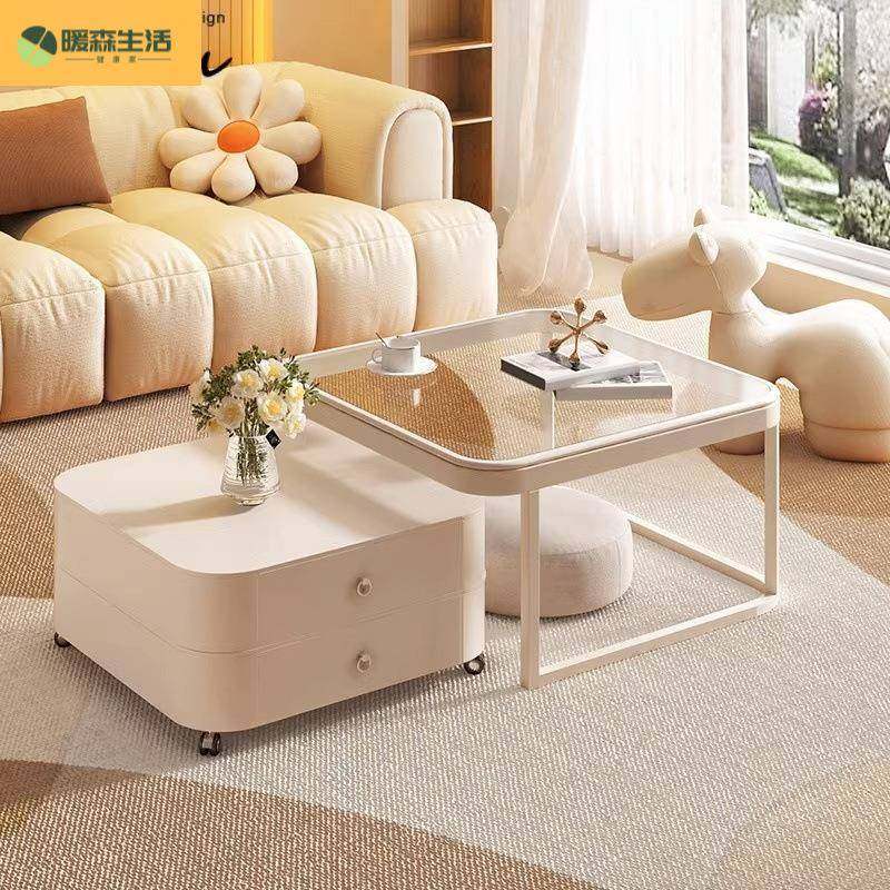 岩板可伸缩方形茶几小户型客厅家用奶油风简约现代玻璃茶几组合桌