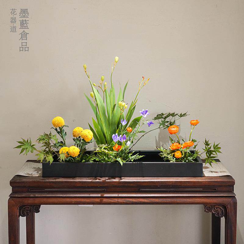 不锈钢特大超大铁艺方盘花器小原流写景琳派黑色花盘日式花道