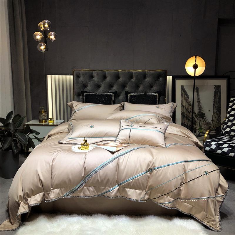 美式简约纯棉100支匹马棉四件套纯色刺绣全棉被套1.8床上用品欧式