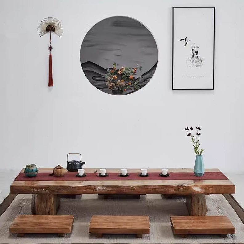 禅意坐地台实木榻榻米茶几飘窗桌大式长条矮桌日式板整茶桌椅组合