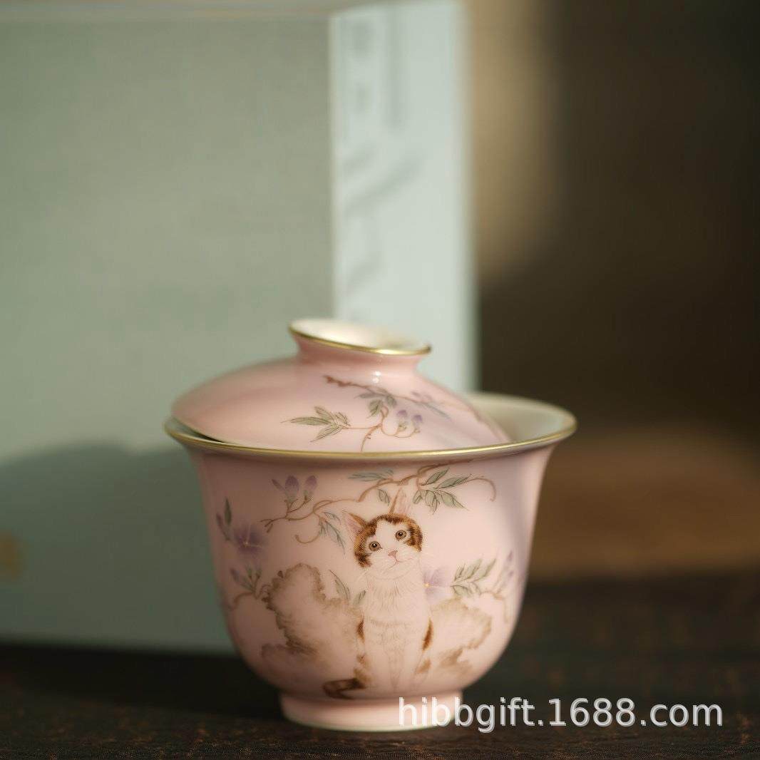 云由山坊人文茶器手绘纳财粉猫盖碗主人杯套组少女粉色小清新茶具,金属材料及制品,金属加工件/五金加工件,淘宝优惠券,粉丝福利购,淘宝优惠卷