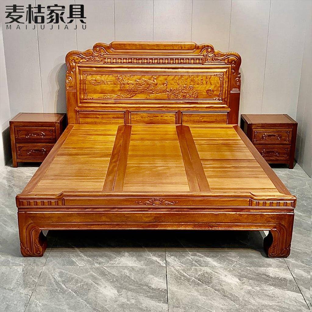 金花梨木全实木大床1.8双人床雕花1.5仿古明清古典中式榫卯实木床