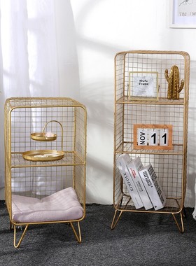 金色铁艺客厅沙发边餐厅落地多层收纳架简约书架