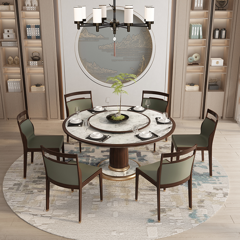 新中式轻奢1.35/1.5米圆餐桌椅组合乌金木圆形饭厅桌岩板实木组合