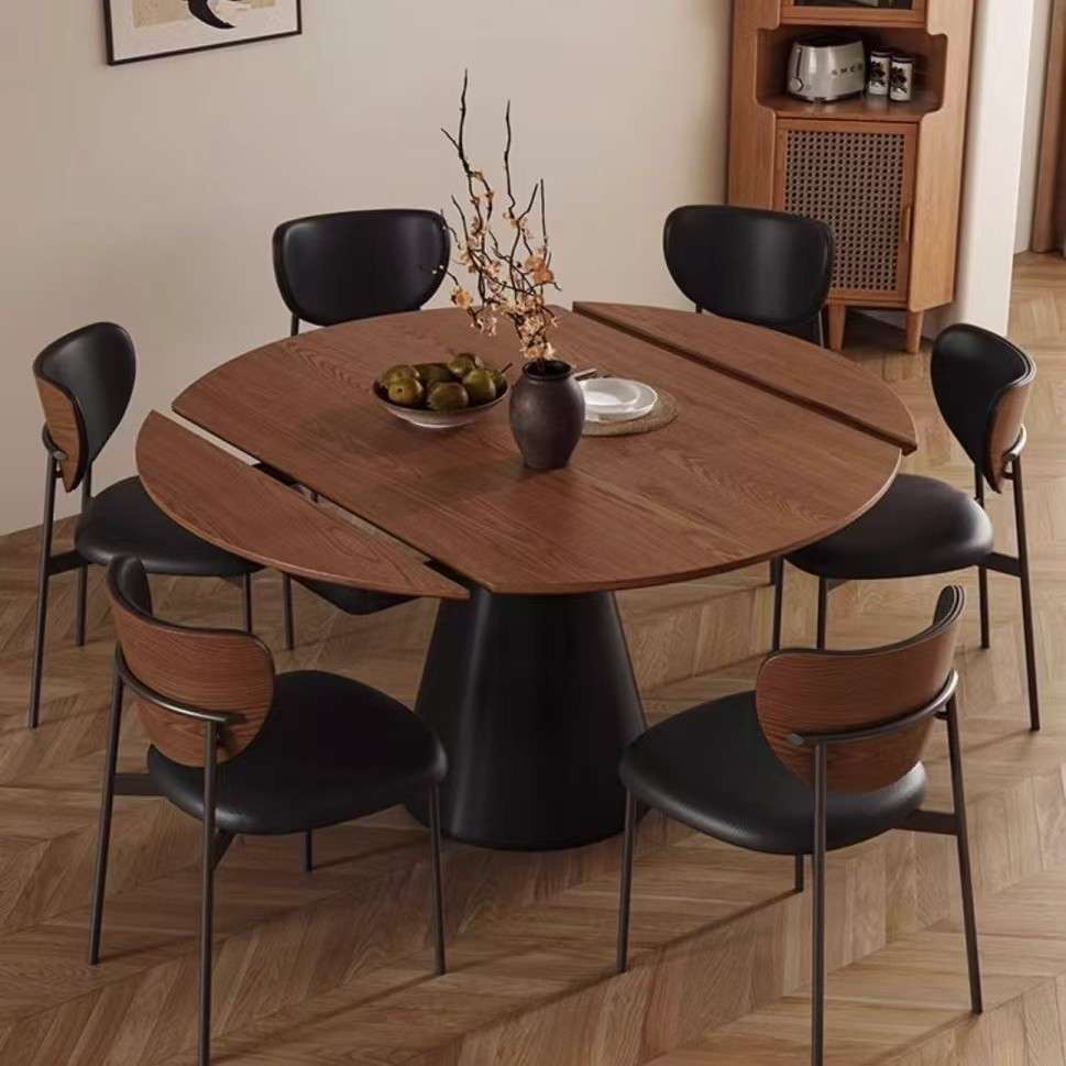 清洋中古风实木旋转伸缩餐桌方圆两用复古奶油胡桃木色小户型圆桌