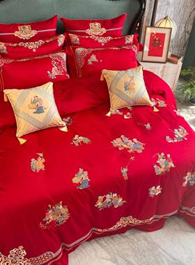 百子刺绣婚庆家纺红色四件套长绒棉早生贵子被套结婚床上用品陪嫁