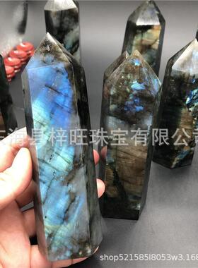 梓旺拉长石月光石单尖柱六棱柱天然水晶月光石摆件水晶柱