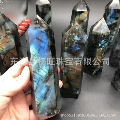 梓旺拉长石月光石单尖柱六棱柱天然水晶月光石摆件水晶柱