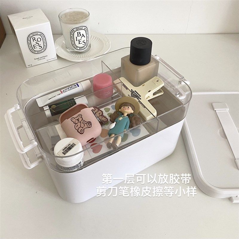 白色简约多功能收纳手提箱子桌面收纳盒塑料双层首饰手账文具收纳,收纳整理,桌面收纳盒,淘宝优惠券,粉丝福利购,淘宝优惠卷