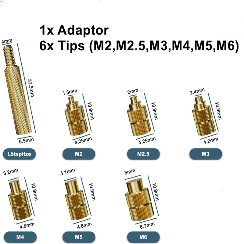 Heat Set Insert Soldering Iron Tip Head M2 M2.5 M3 M4 M5 M6