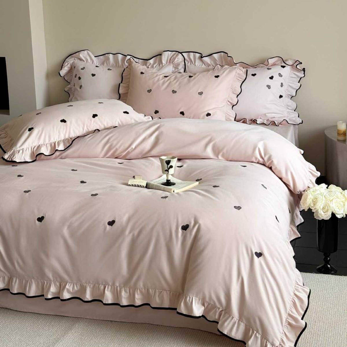 【折扣价】全棉磨毛四件套韩式少女心爱心刺绣被套淑女风加厚被套