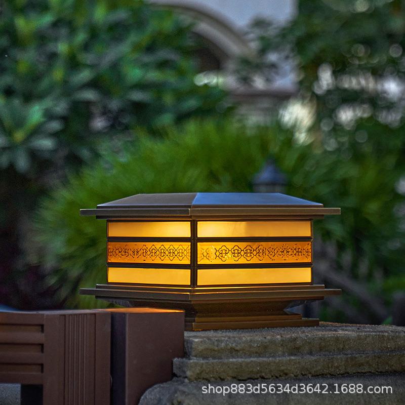 新中式太阳能两用户外柱头灯防水接电款门柱灯全铜花园别墅庭院灯