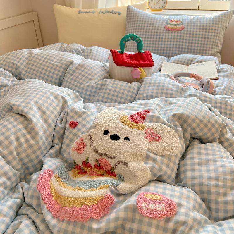 卡通可爱四件套纯棉毛巾绣被套被罩床单人学生宿舍三件套全棉床品