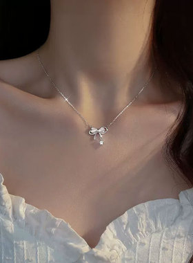 S925纯银蝴蝶结项链女款轻奢小众锁骨链猫眼石颈链新款