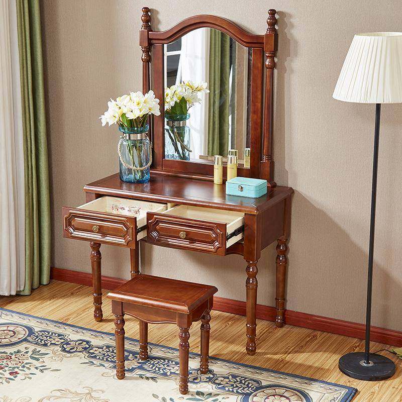 【折扣价】实木梳妆台卧室带镜子美式乡村化妆台凳子组合公分尺寸