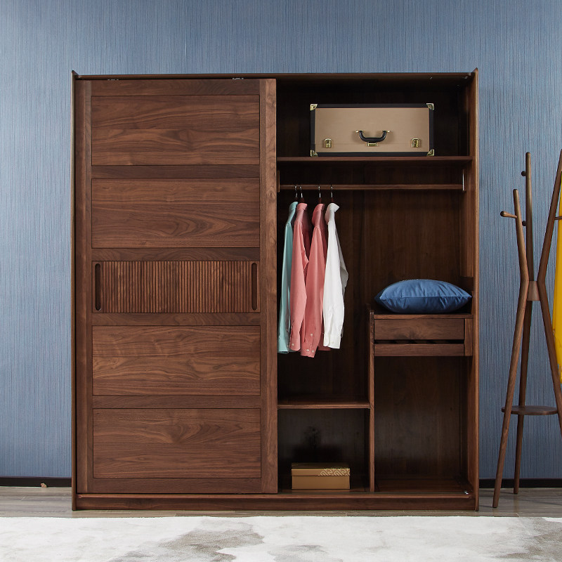 北胡桃木推拉门衣柜移门简易现储物柜卧室轻奢全实木大衣橱