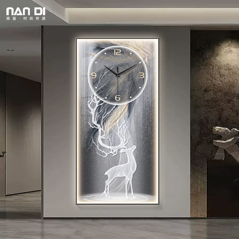 轻奢麋鹿玄关装饰画钟表挂钟客厅新款羽毛挂画创意时钟壁灯画