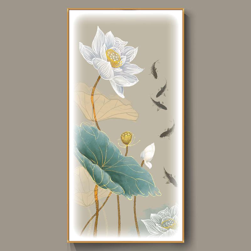 晶中式装饰画走廊过道led带新灯瓷版发光入户荷花高档挂画玄关竖图片